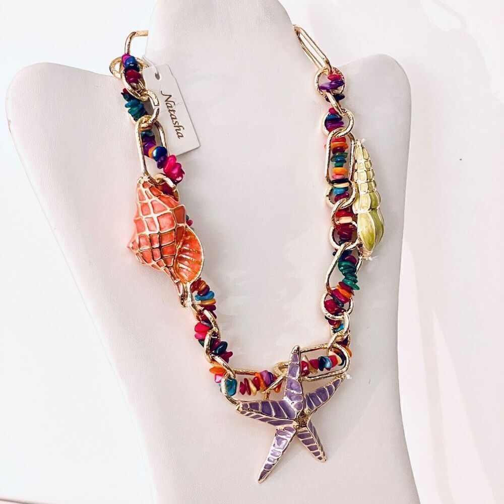NWT Gorgeous Natasha Seashells Starfish Gold Colorful Purple Statement Necklace